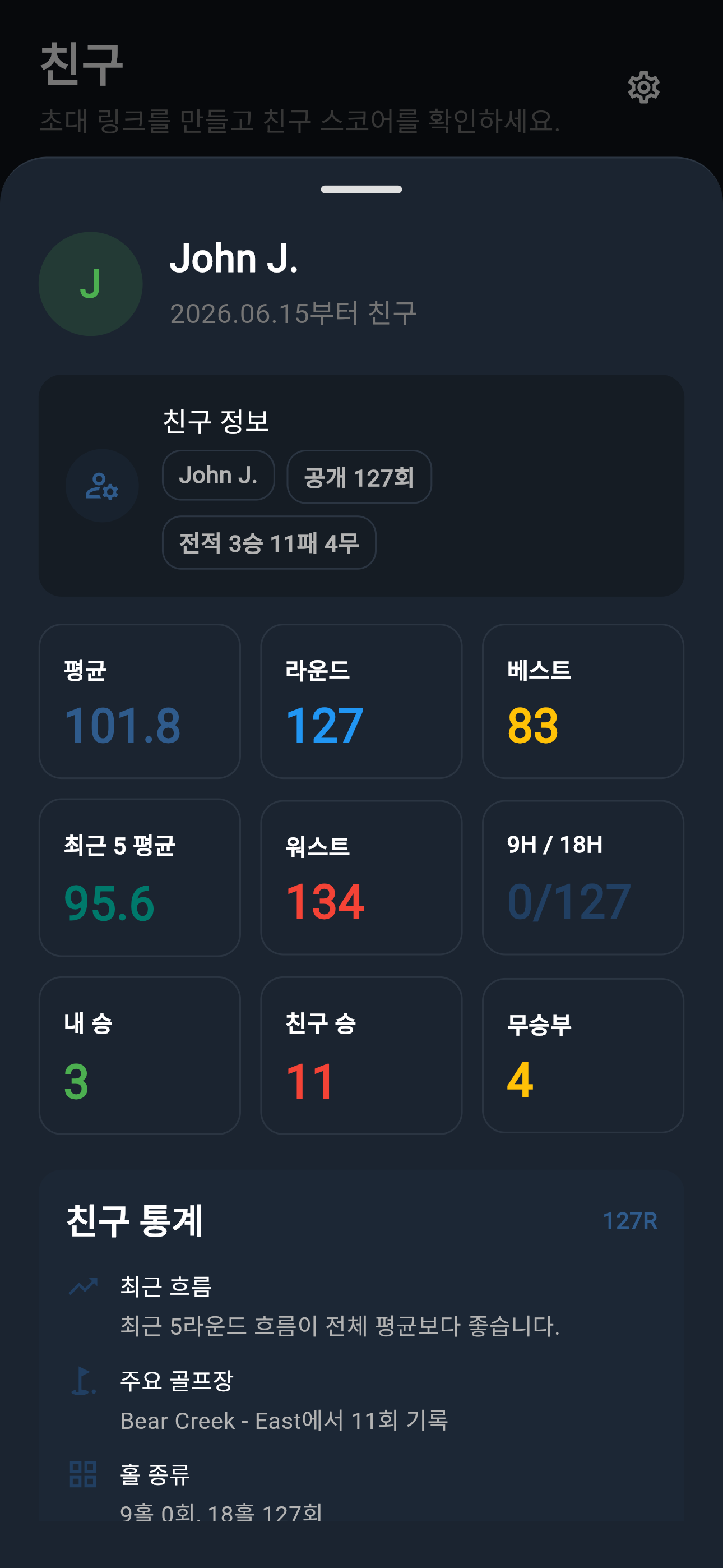 G-Scores 라운드 상세 및 공유 예시 화면